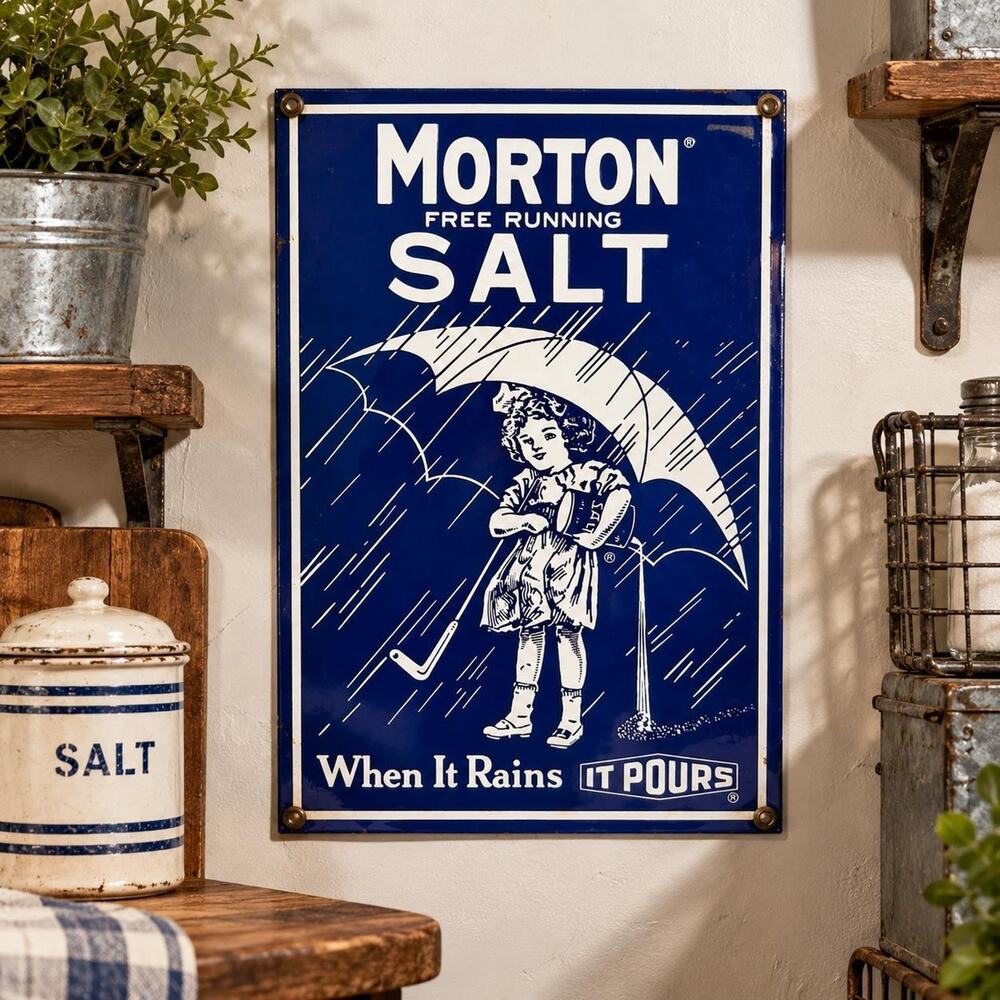 Vintage Morton Salt Porcelain Enamel Advertising Sign 8x12